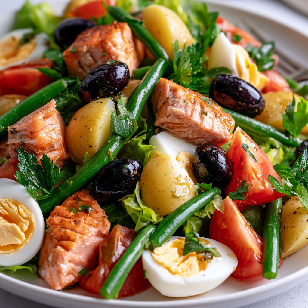 Une salade niçoise avec des légumes frais et du saumon.