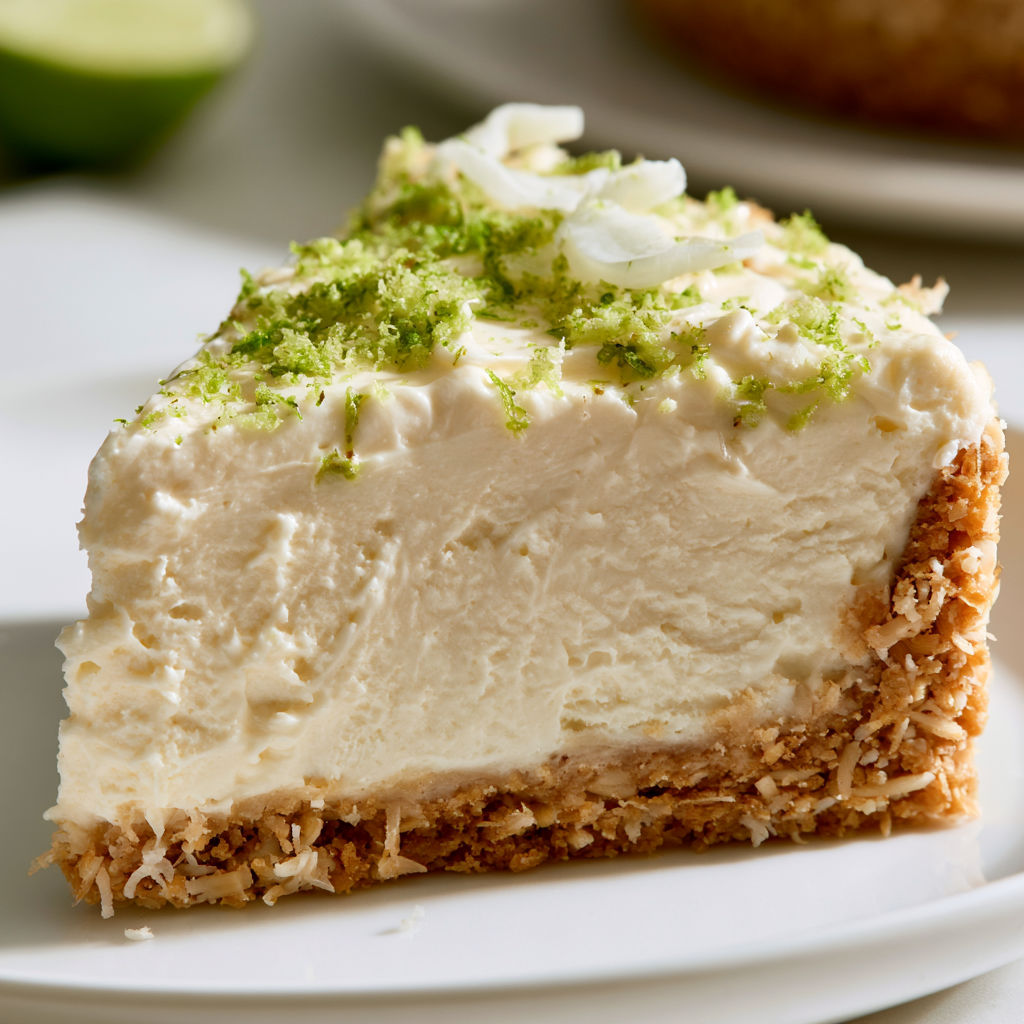 Une tarte façon cheesecake à la noix de coco et au citron vert est servie sur un plateau.