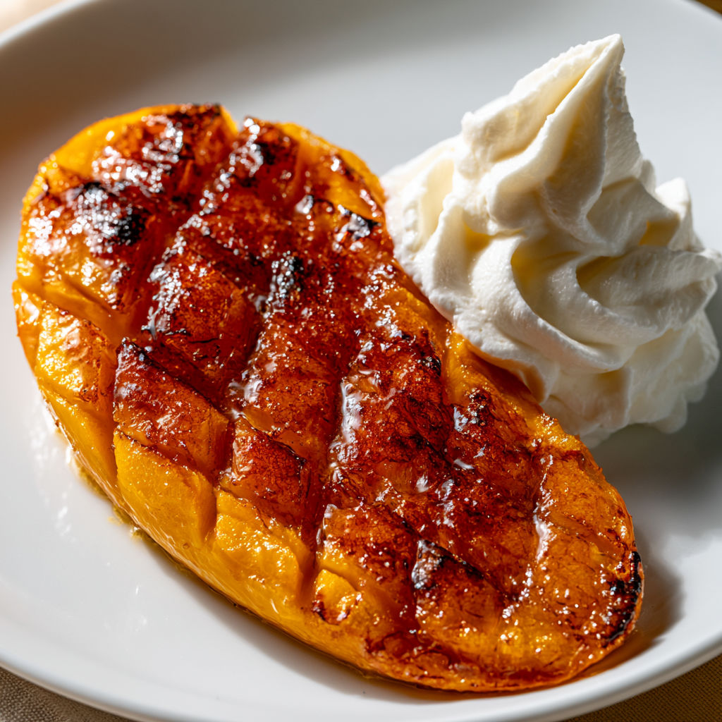 Mangue brûlée et chantilly vanillée pour un dessert ultra gourmand.