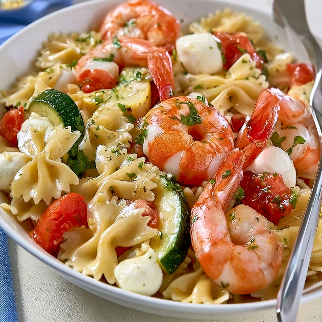 Salade de pâtes aux crevettes roses et légumes d’été.
