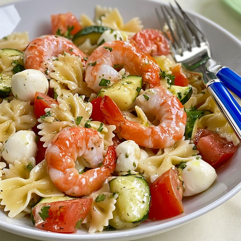 Salade de farfalles aux crevettes et mozzarella ultra fraîche.