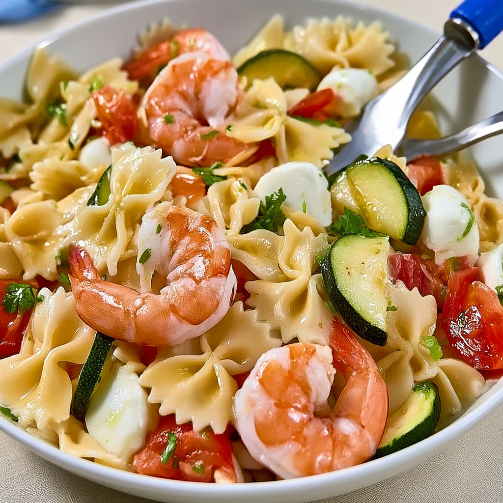 Farfalles aux crevettes courgettes tomates et mozzarella.
