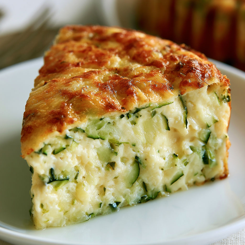 Une tranche de flan aux courgettes sur un plateau.