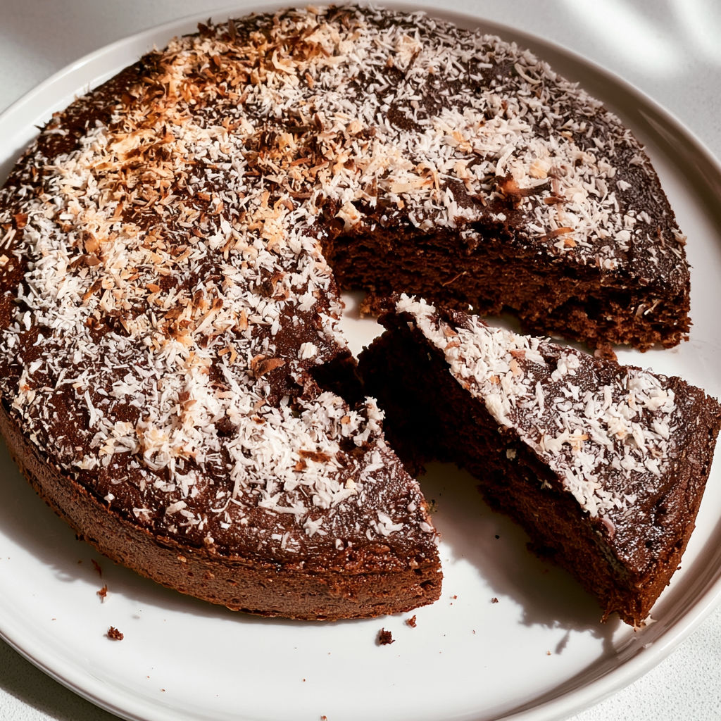 Une portion de gâteau chocolat-coco, avec des coconuts sur le dessert.