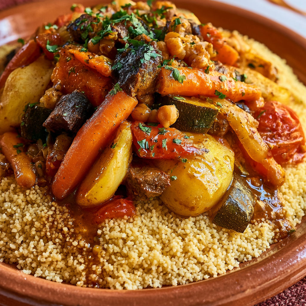 Une casserole de couscous traditionnel aux légumes, avec des carottes, des légumes verts et des épices.