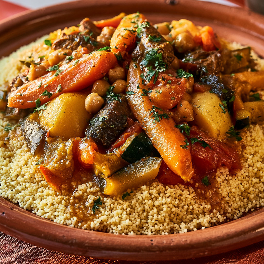 Couscous généreux aux légumes fondants et pois chiches.