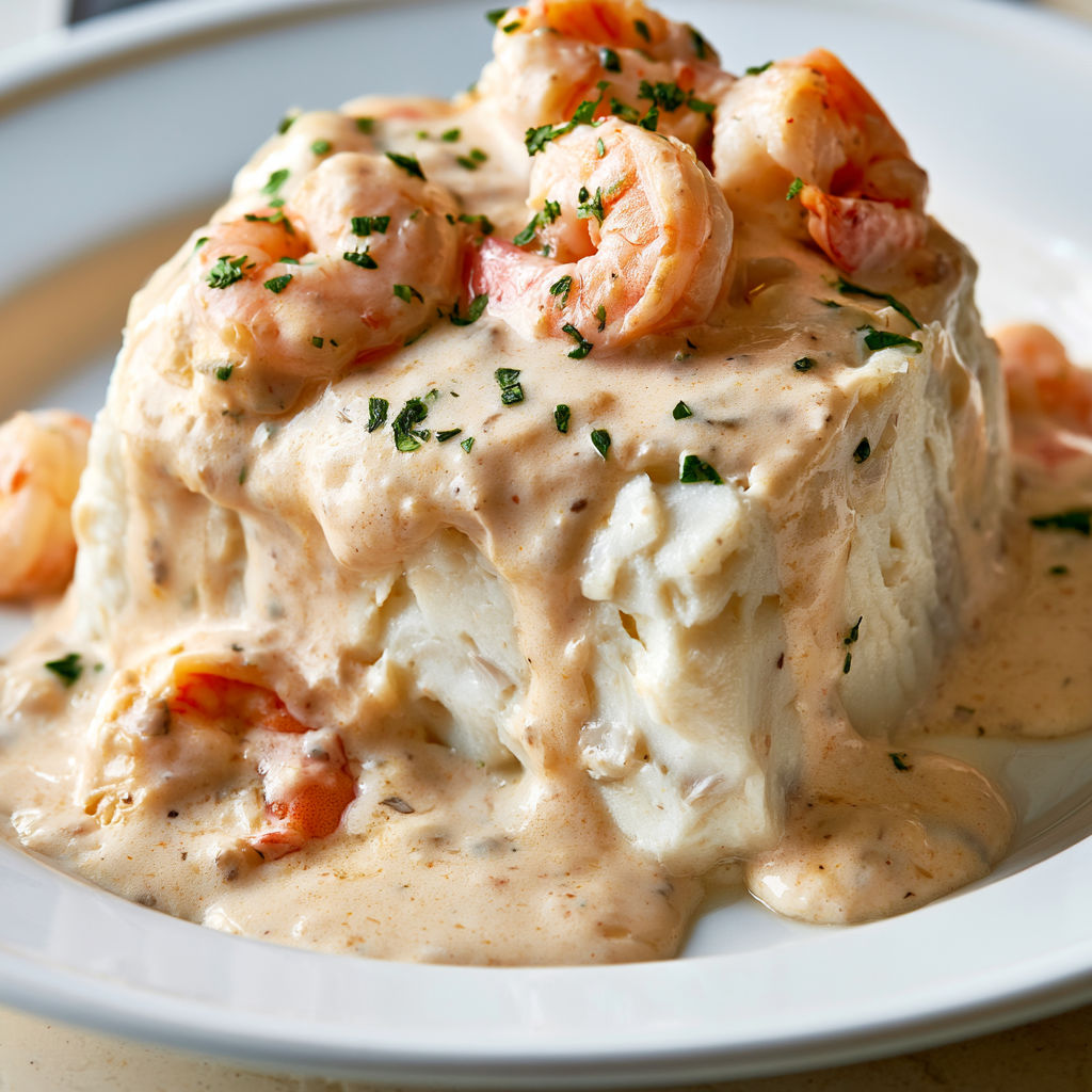 Mousseline de poisson à la sauce crémeuse aux crevettes.