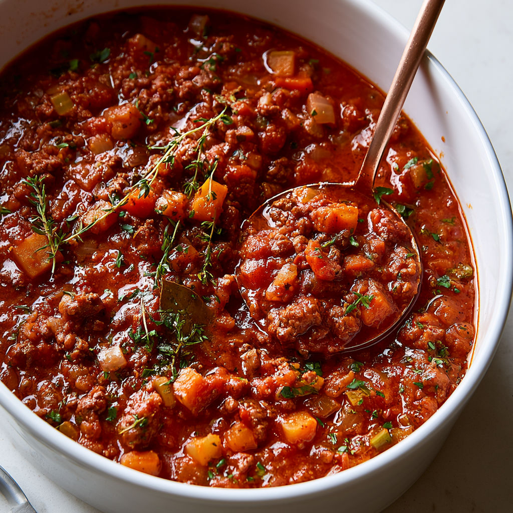 Sauce bolognaise mijotée aux tomates et aux petits légumes.