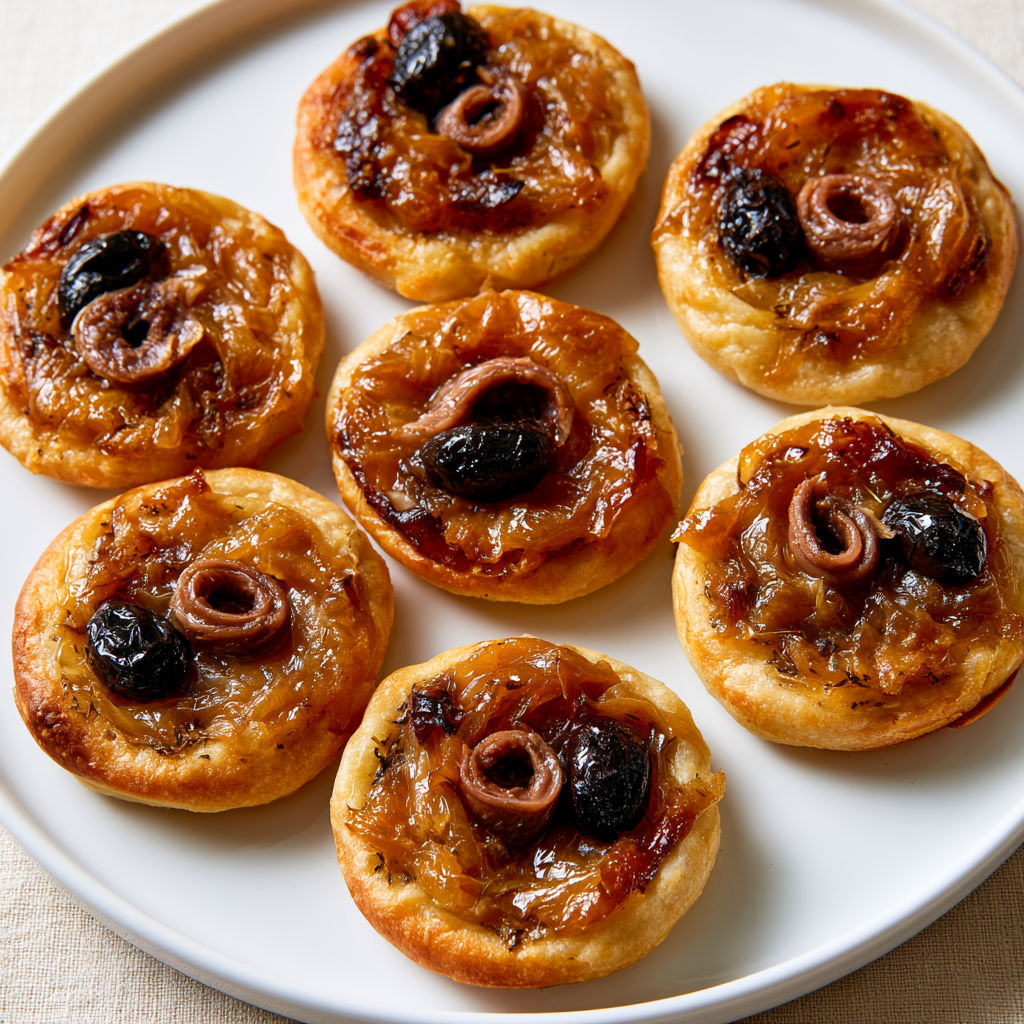 Mini-pissaladières aux oignons fondants et aux anchois.