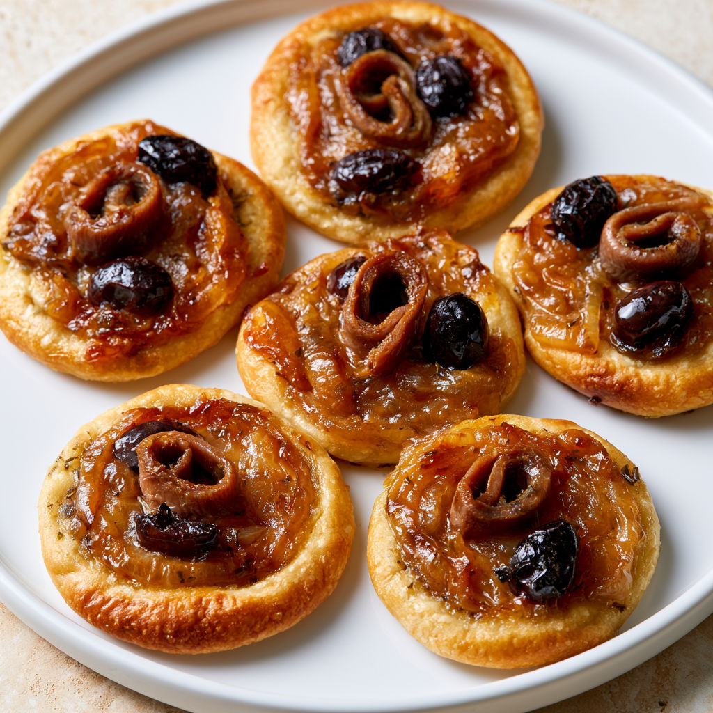 Mini-pissaladières provençales aux anchois et olives noires.