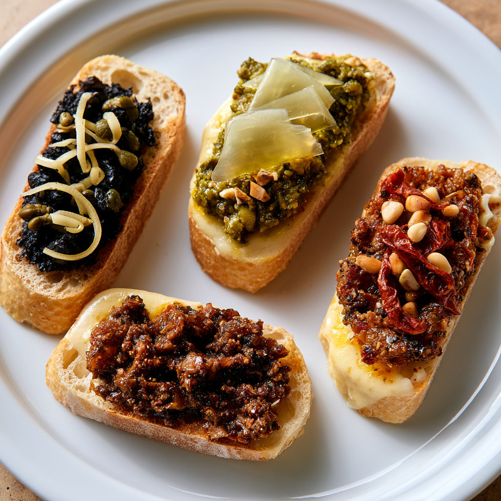 Tartines estivales à la tapenade et au fromage.