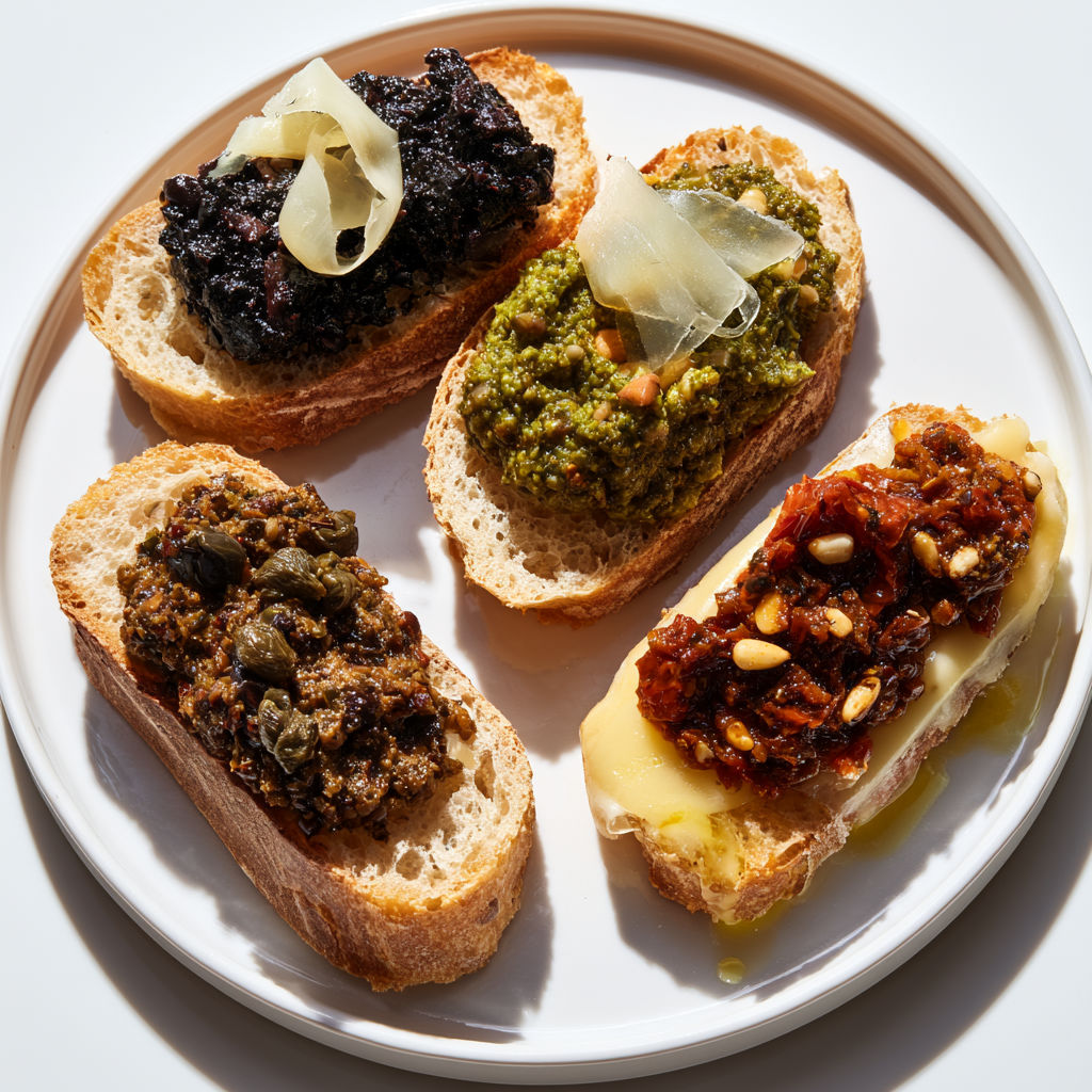 Tartines croustillantes aux trois tapenades et fromage.