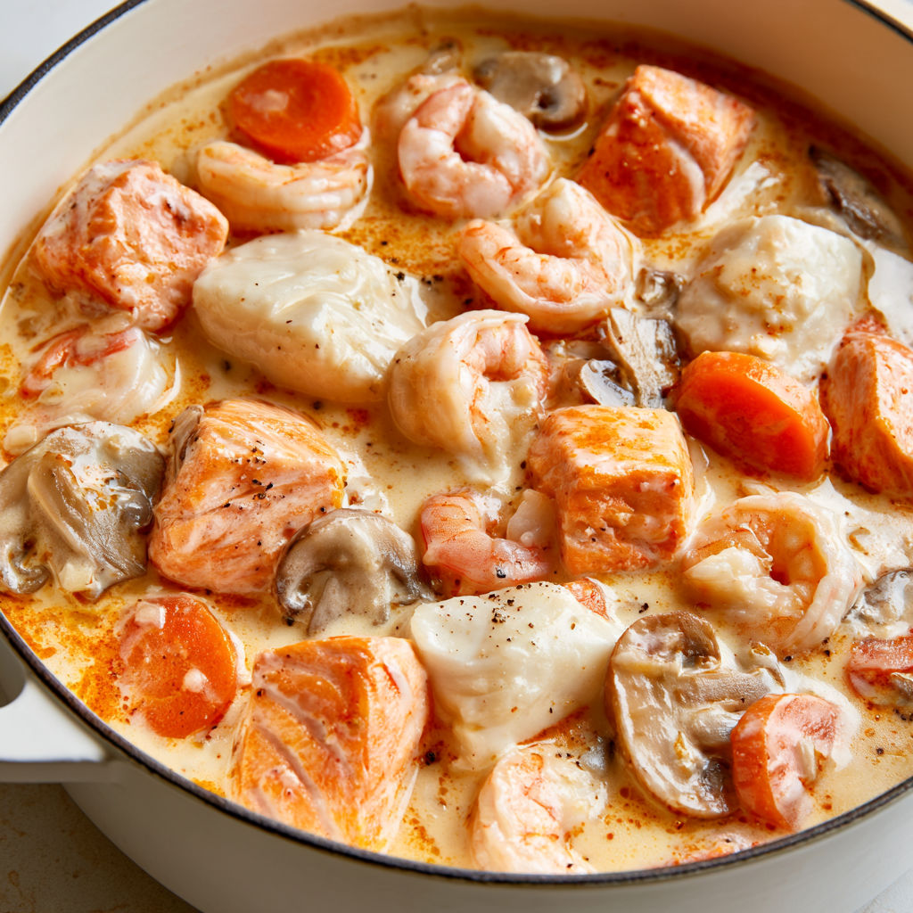 Blanquette de poisson crémeuse au saumon, cabillaud et crevettes.