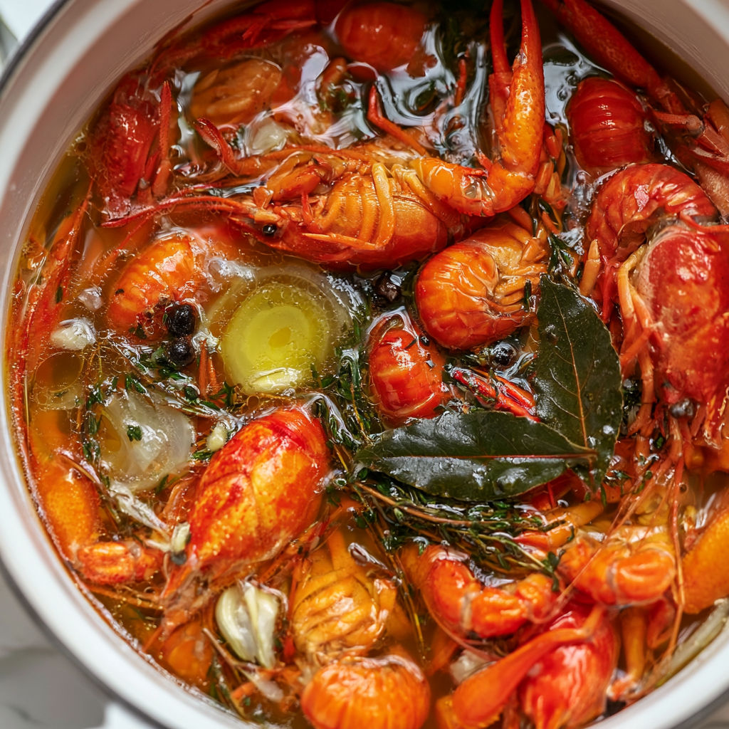 Écrevisses au bouillon parfumé aux herbes.