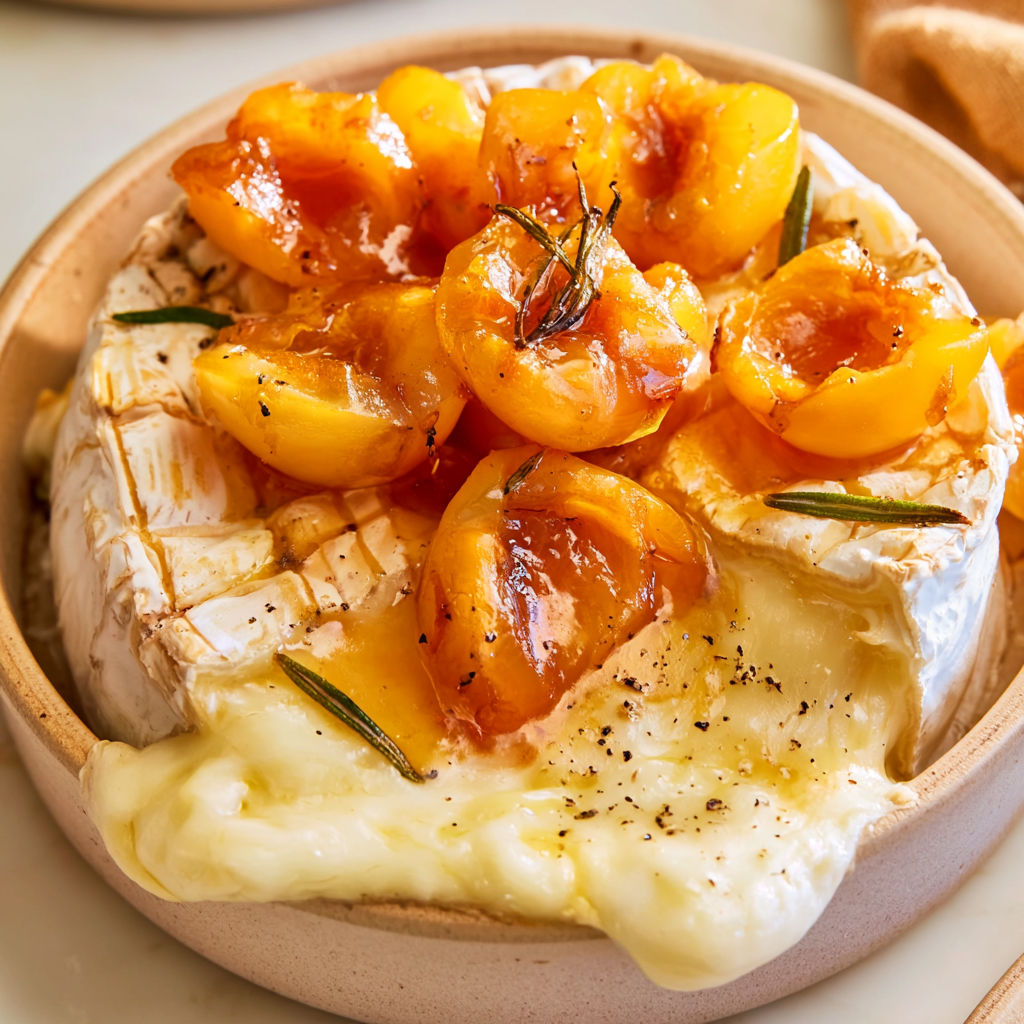 Camembert rôti aux mirabelles et au romarin.