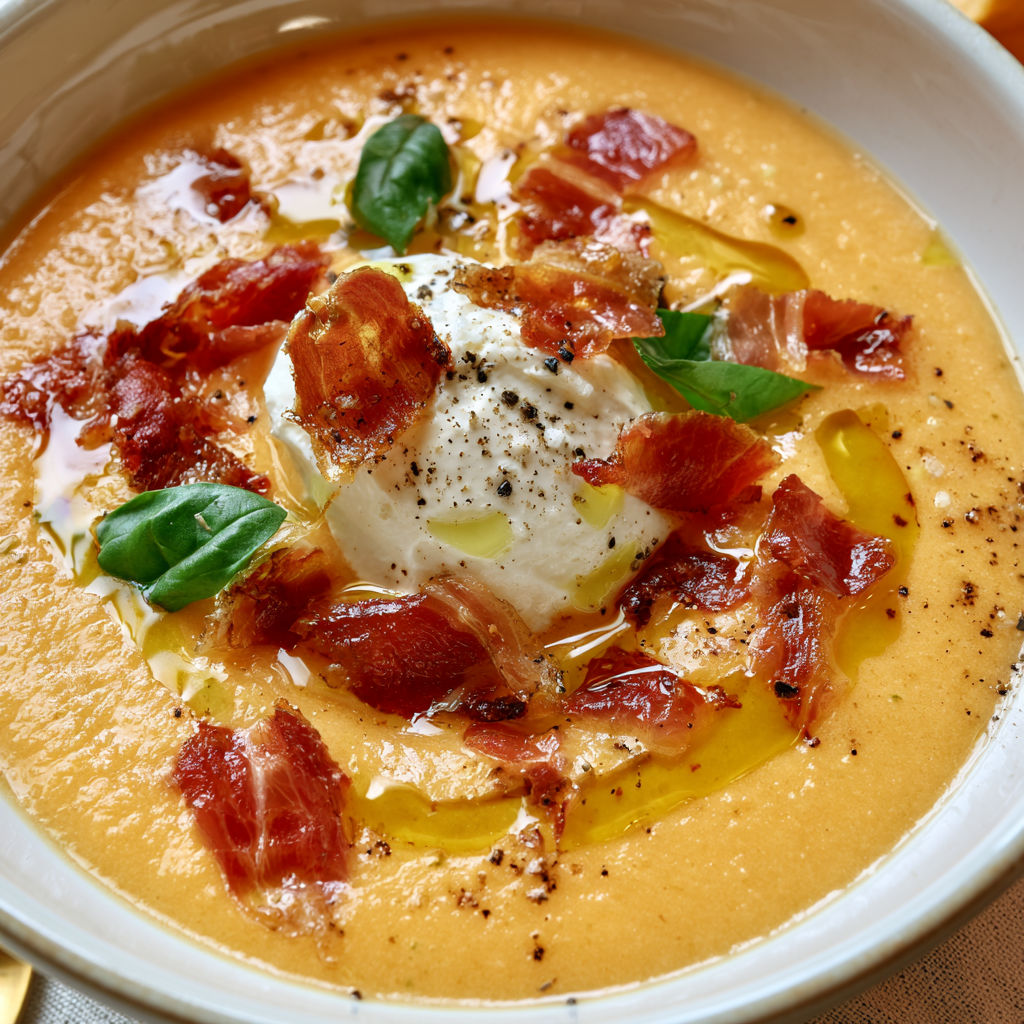 Gaspacho de melon et concombre avec crème fouettée à l’huile d’olive et prosciutto.