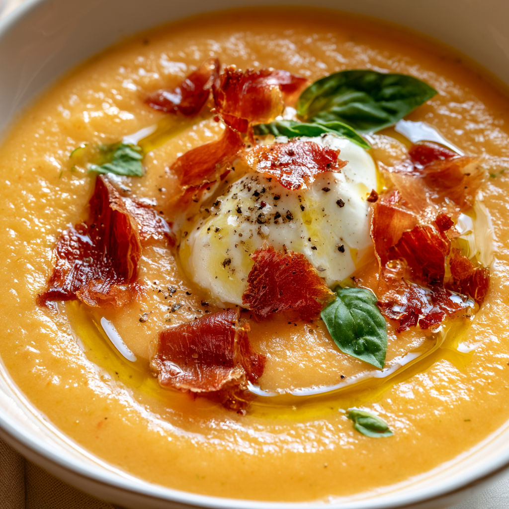 Gaspacho de melon ultra frais avec prosciutto croustillant et crème fouettée.