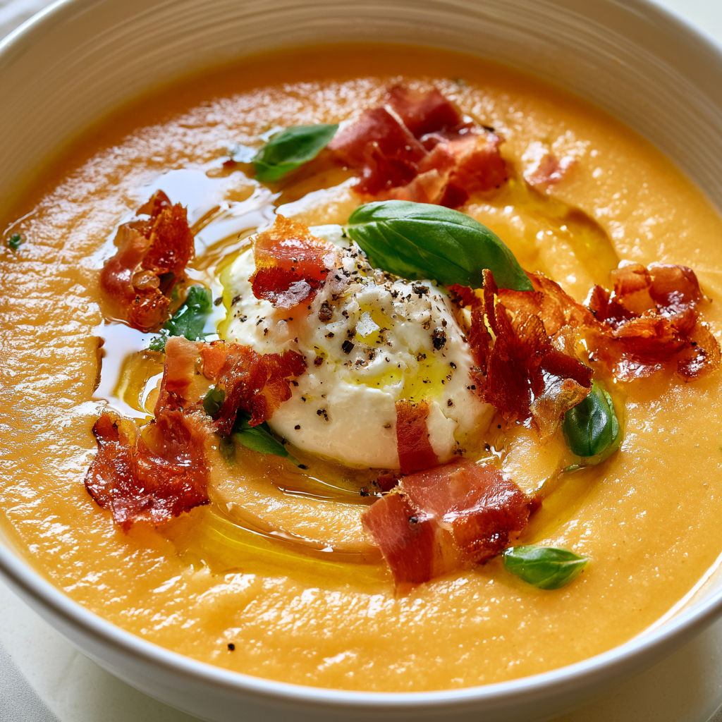 Gaspacho de melon au basilic, crème légère et éclats de prosciutto croustillant.