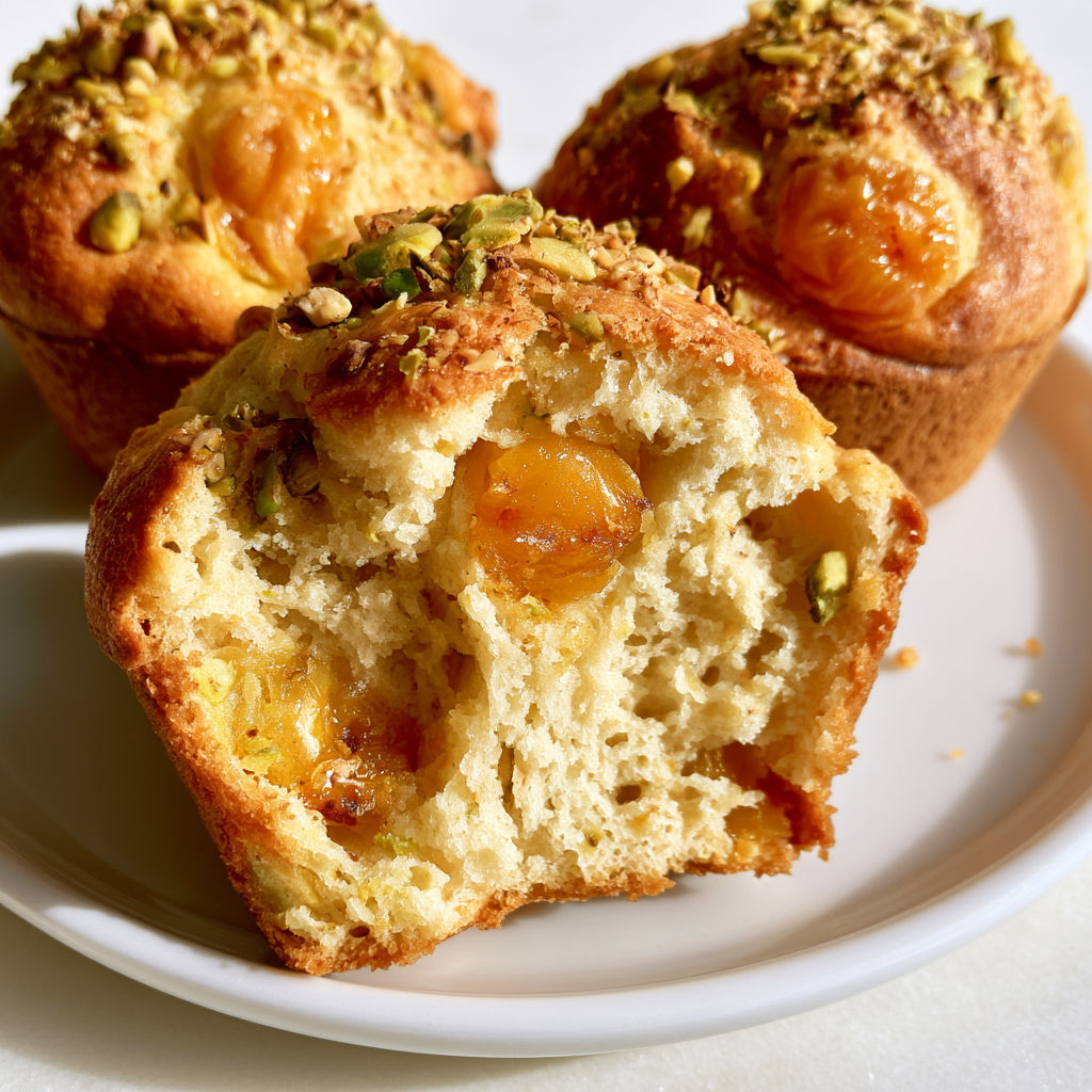 Muffins aux mirabelles et pistaches, deux morceaux de muffins sur un plateau.