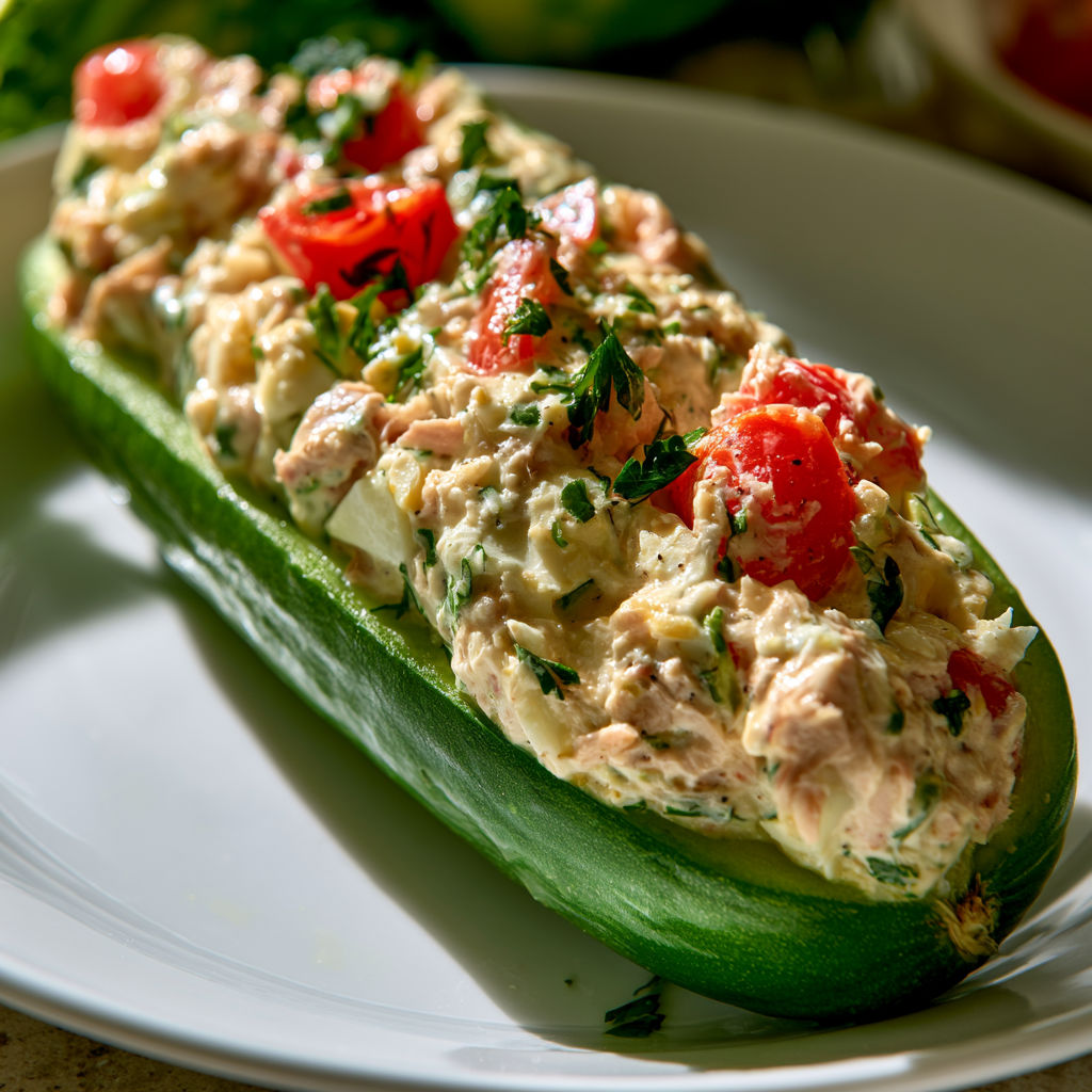 Concombres farcis au thon, tomates cerises et fromage frais l’idée fraîche et sans cuisson parfaite pour l’été.