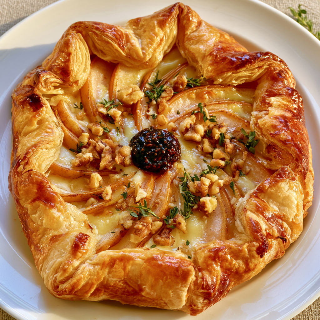 Une tartelettes aux poires et au manchego est servie sur un plateau.