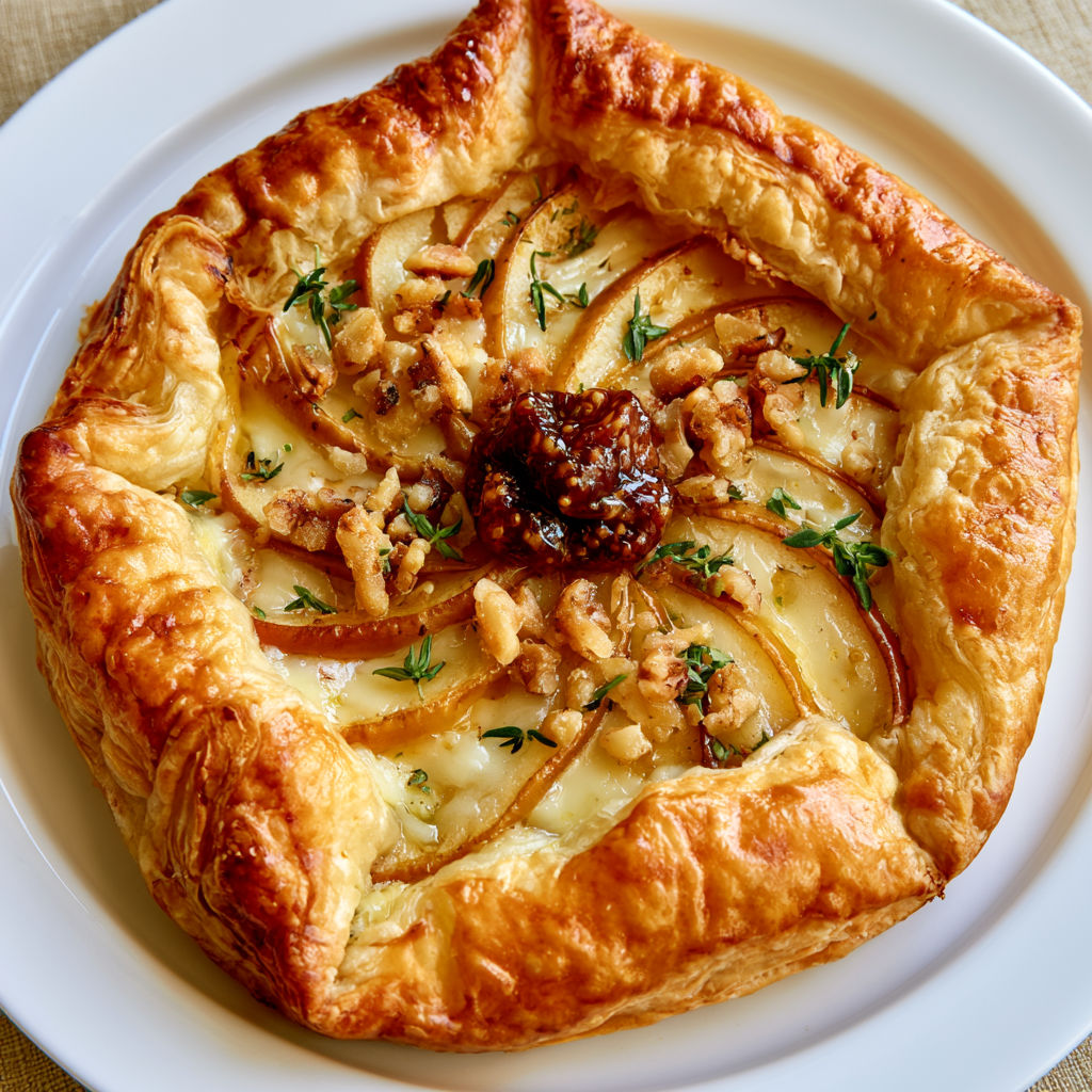 Tartelettes feuilletées aux poires, Manchego, figues et noix.