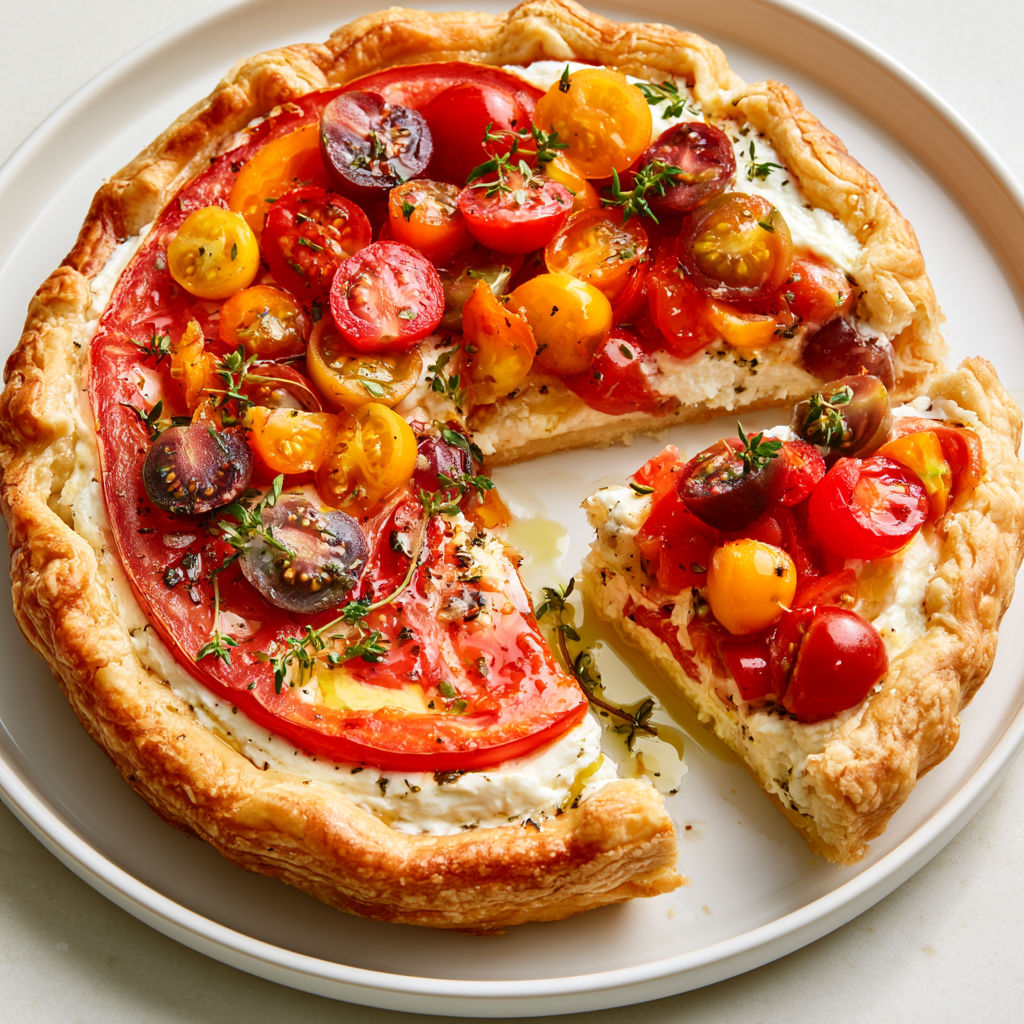 Une tarte à la tomate et à la ricotta est servie sur un plateau.