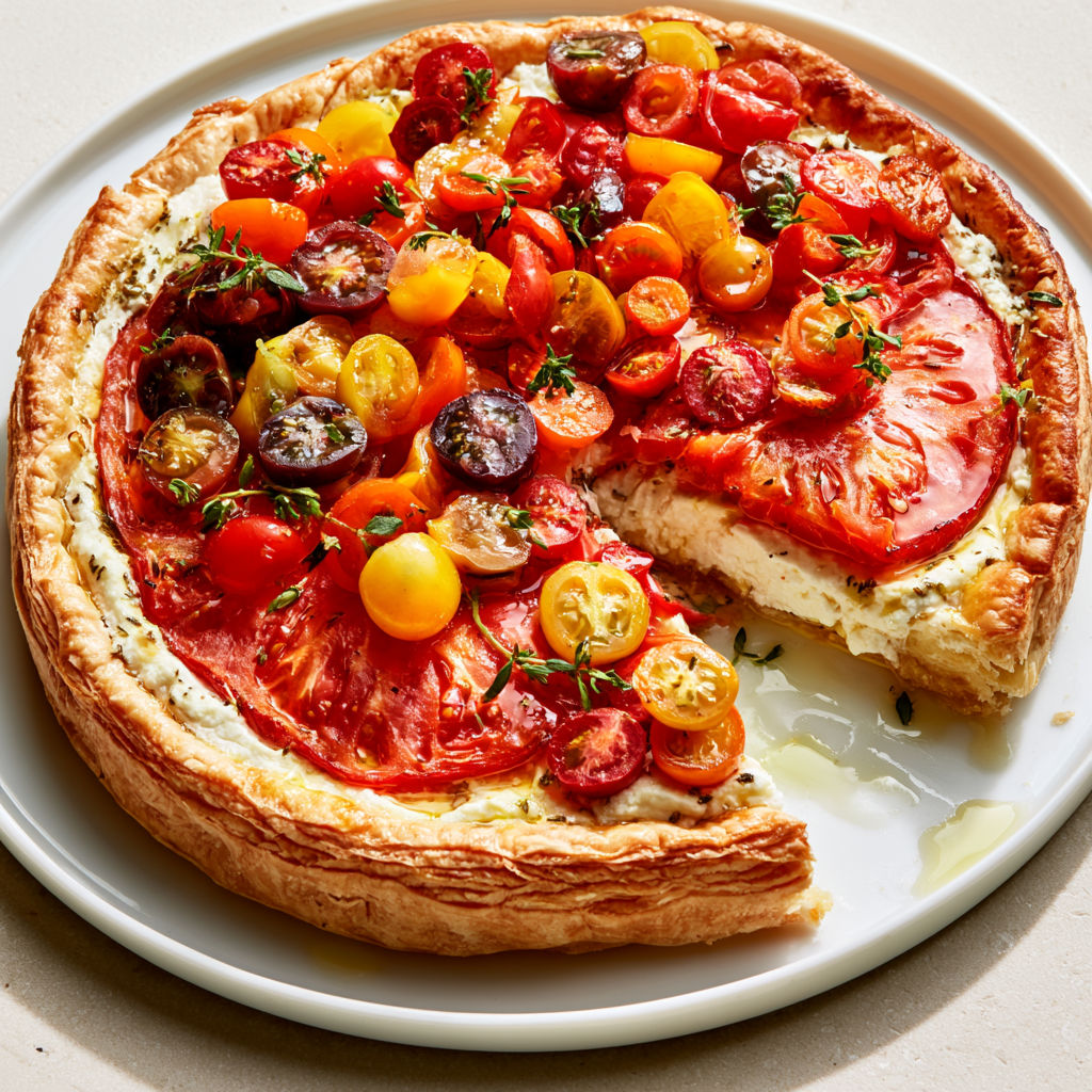 Tarte à la tomate et ricotta au miel et au thym une idée fraîche et savoureuse parfaite pour l’été.