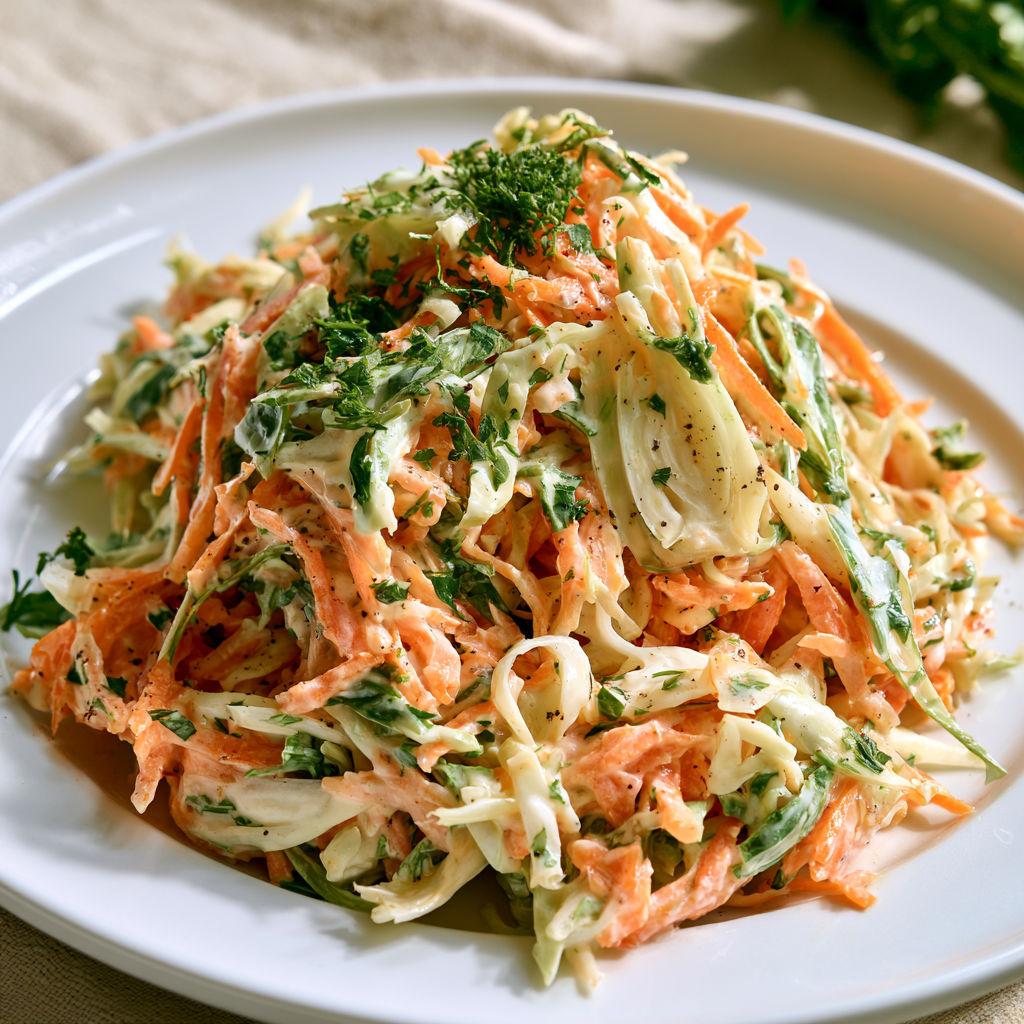Coleslaw aux carottes, fenouil et cébettes une salade croquante, fraîche et pleine de saveurs pour l’été.