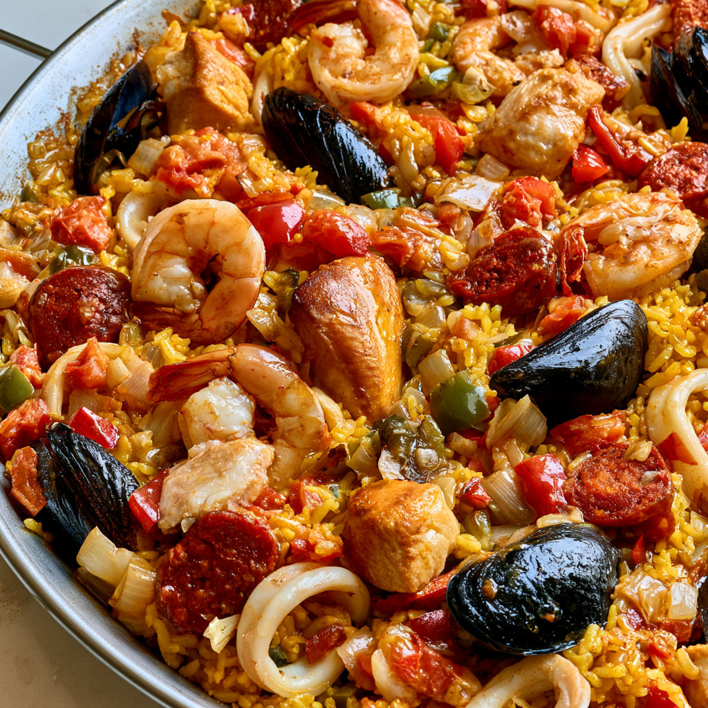 Paëlla espagnole au poulet, calamars, moules et crevettes un plat complet et gourmand à partager ensemble.