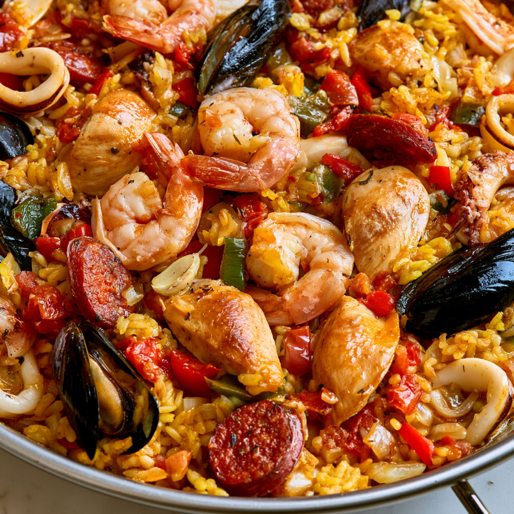 Paëlla aux fruits de mer, chorizo et poulet une recette généreuse, colorée et pleine de saveurs.