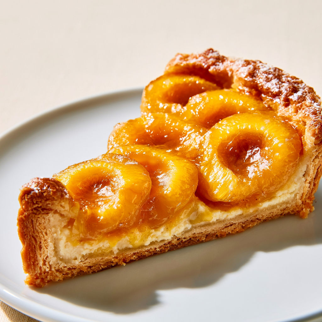 Une tarte aux mirabelles au rhum est servie sur un plateau.