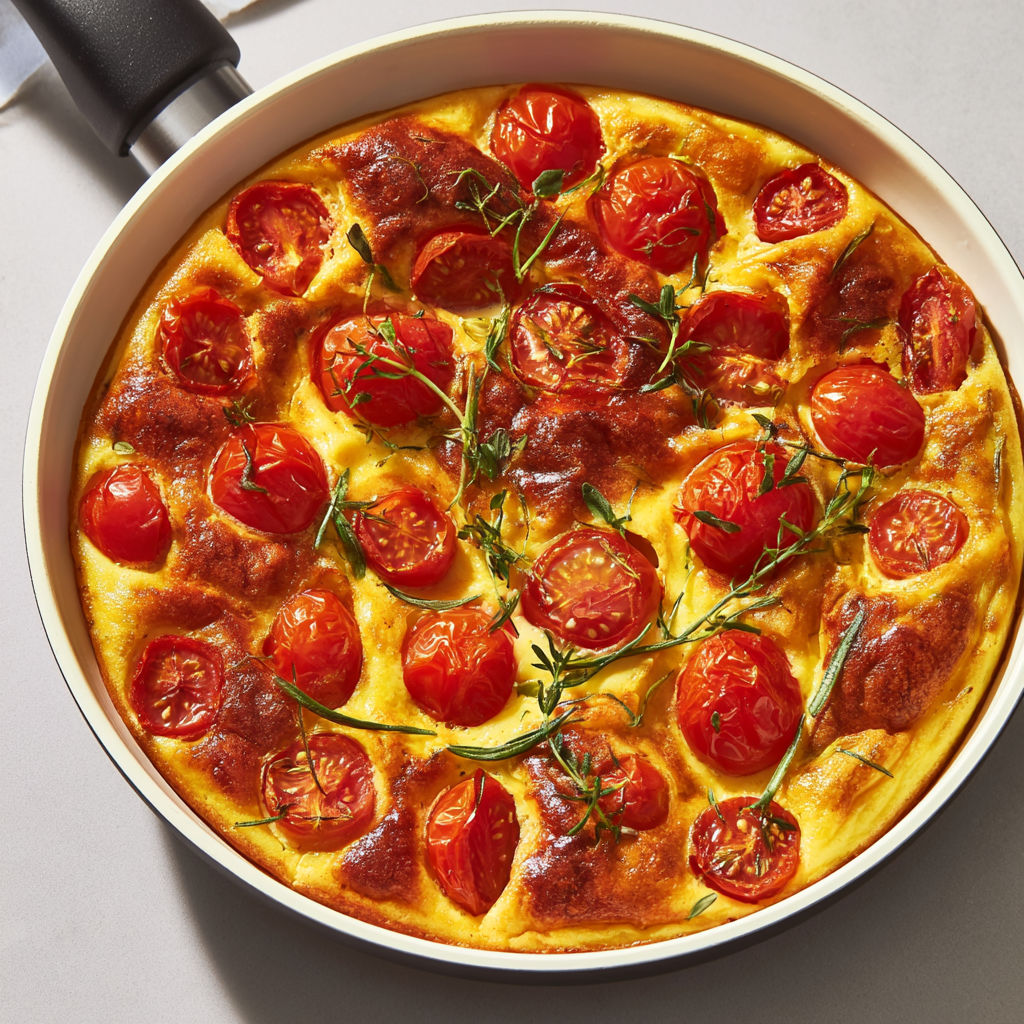 Un plat de ce clafoutis salé aux tomates cerises cuit à la poêle est prêt à être dégusté.