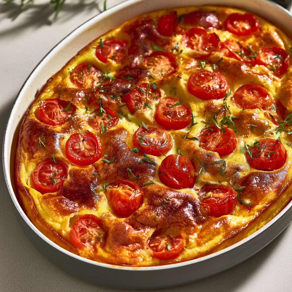Un plat de ce clafoutis salé aux tomates cerises cuit à la poêle, prêt à être mangé.
