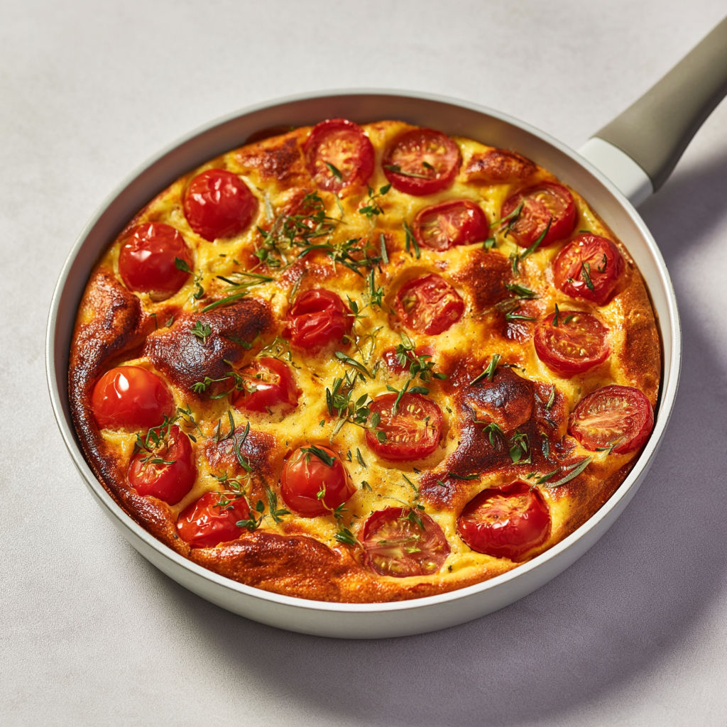 Un plat de ce clafoutis salé aux tomates cerises cuit à la poêle est prêt à être dégusté.