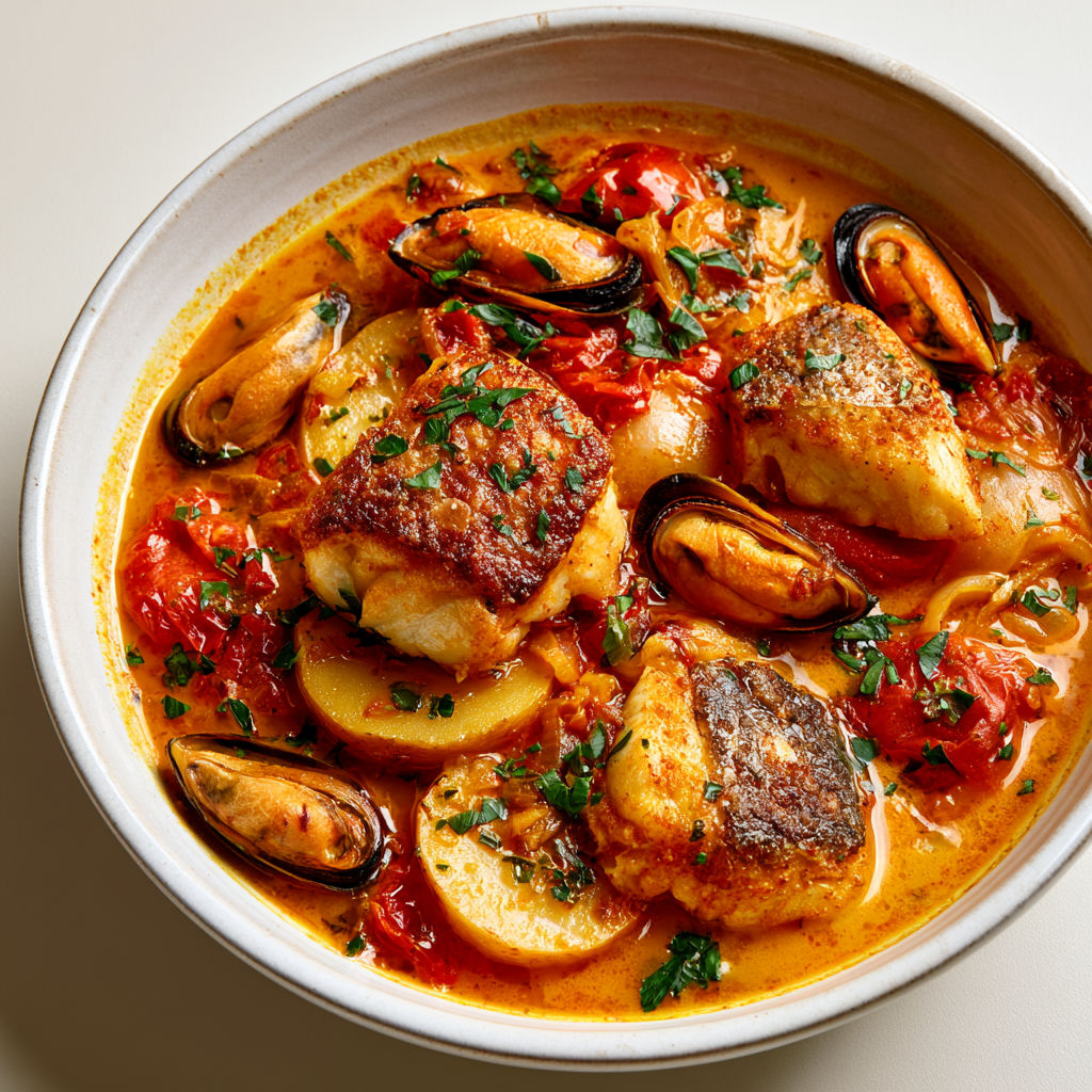 Bouillabaisse de morue aux moules et aïoli, une recette de poisson et moules dans un bol.
