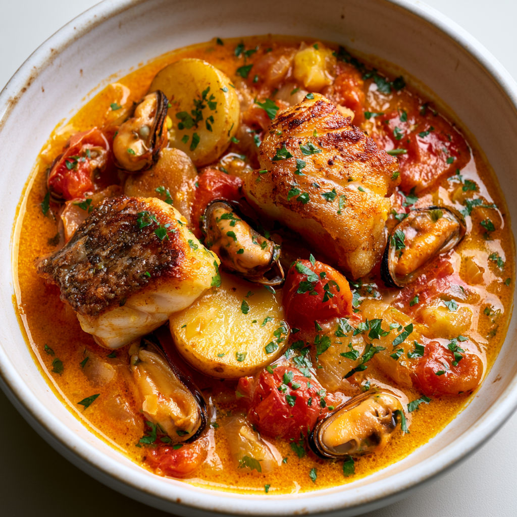 Bouillabaisse de morue aux moules et aïoli, un plat généreux et plein de saveurs.