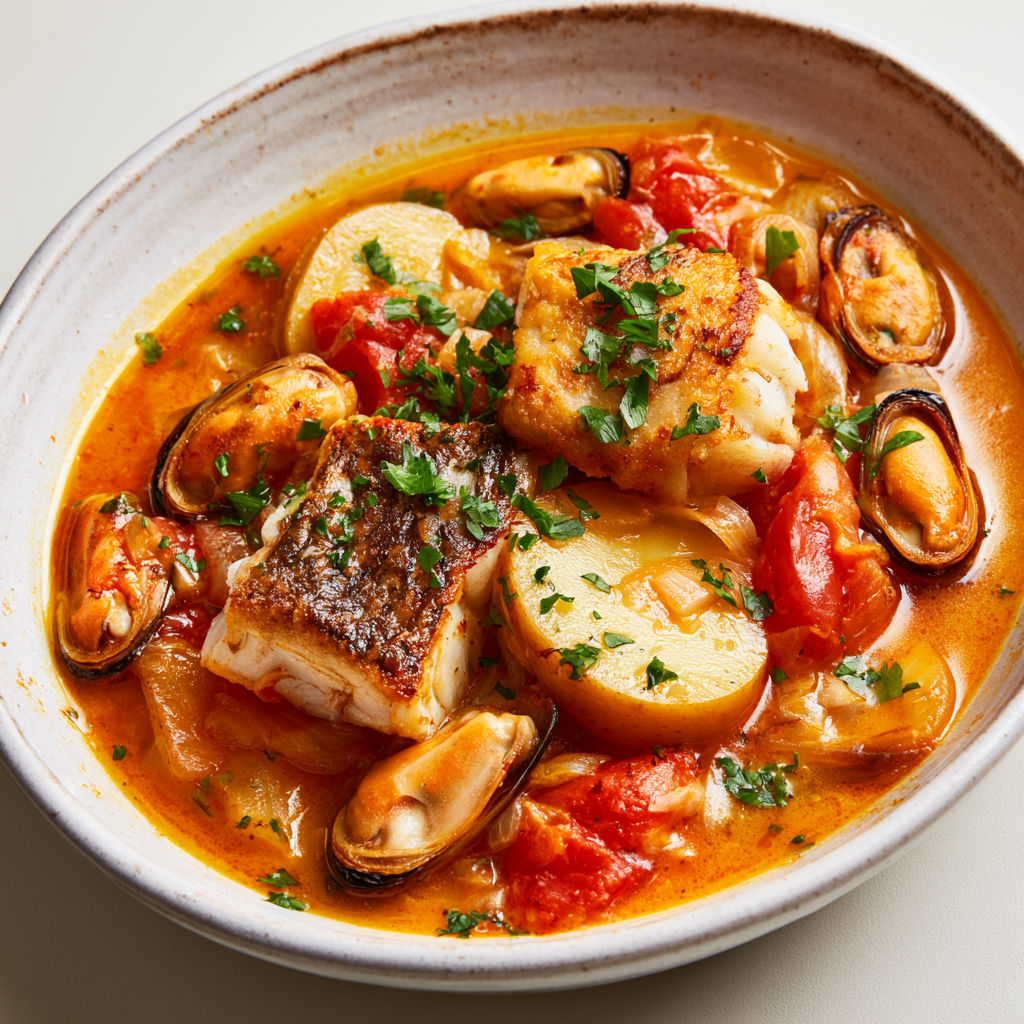 Morue aux moules et pommes de terre dans un délicieux bouillon safrané.