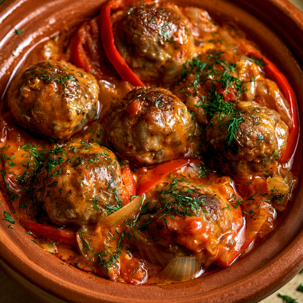 Boulettes de viande aux poivrons dans un bol en terre rouge.