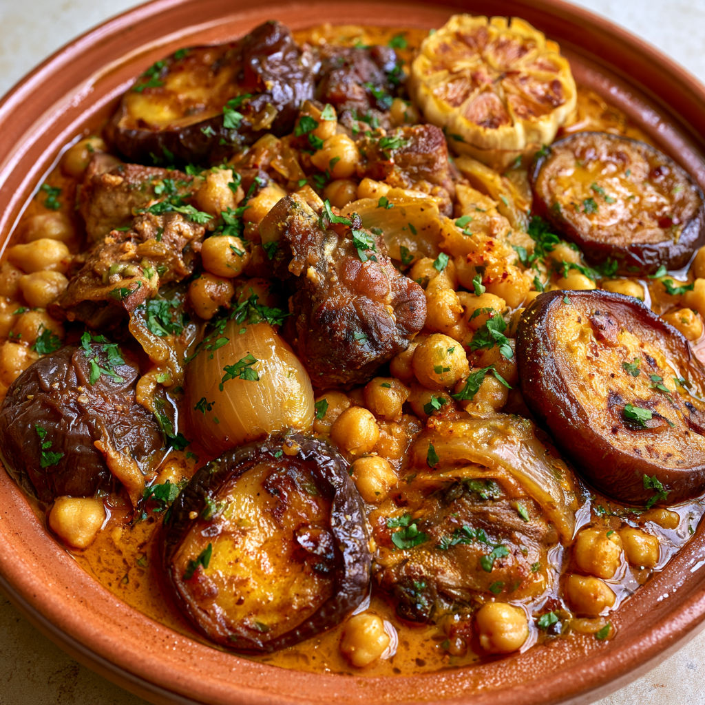 Tajine d’agneau aux aubergines confites un plat marocain généreux et délicieusement parfumé.
