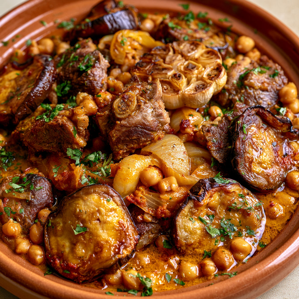 Tajine d’agneau aux aubergines, pois chiches et miel une recette fondante aux saveurs marocaines.