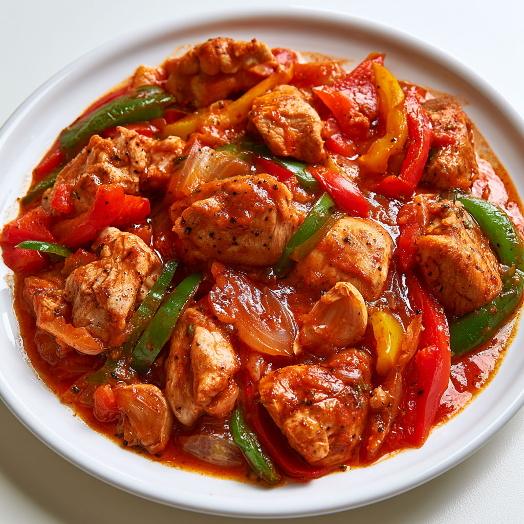 Dinde fondante aux poivrons dans une délicieuse sauce tomate.