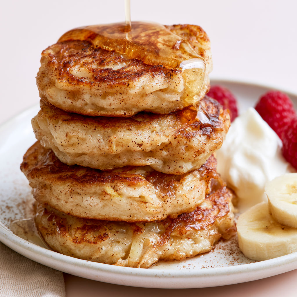 Une pile de crêpes aux pommes, saupoudrées de sucre et bananes, sur un plateau.