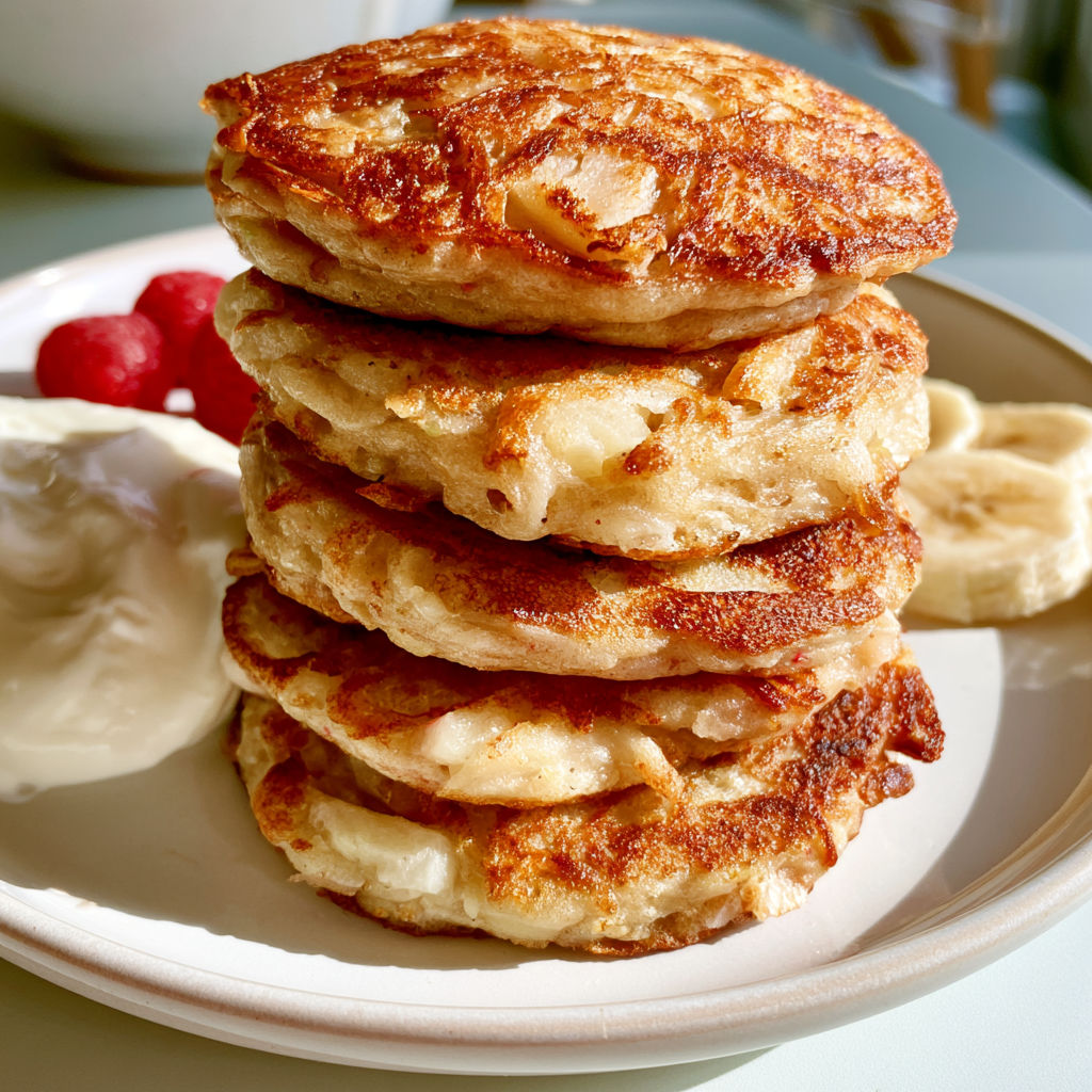Pancakes aux pommes moelleux, avec des morceaux de pommes fondants et légèrement caramélisés.
