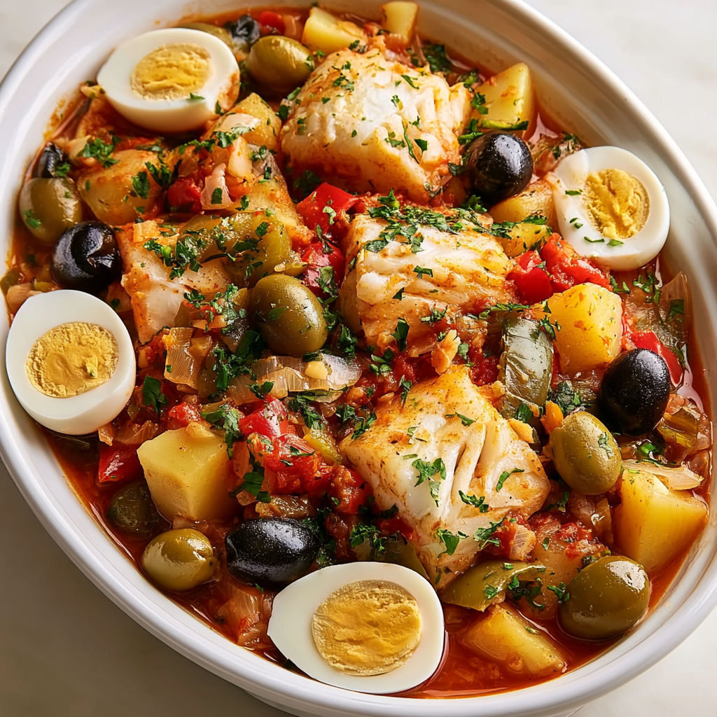 Morue aux olives et pommes de terre mijotée, un plat généreux aux saveurs méditerranéennes.