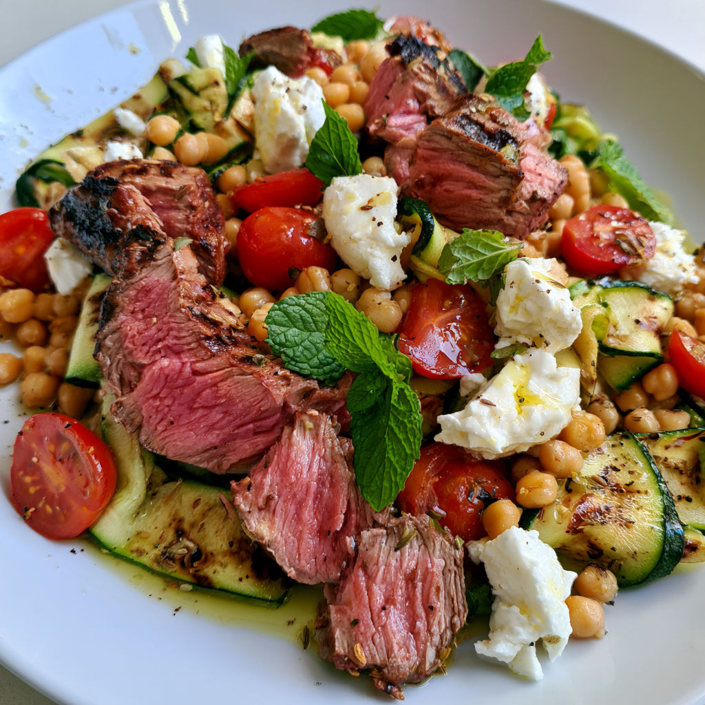 Une salade de bœuf grillé, feta et courgettes est servie sur un plateau.