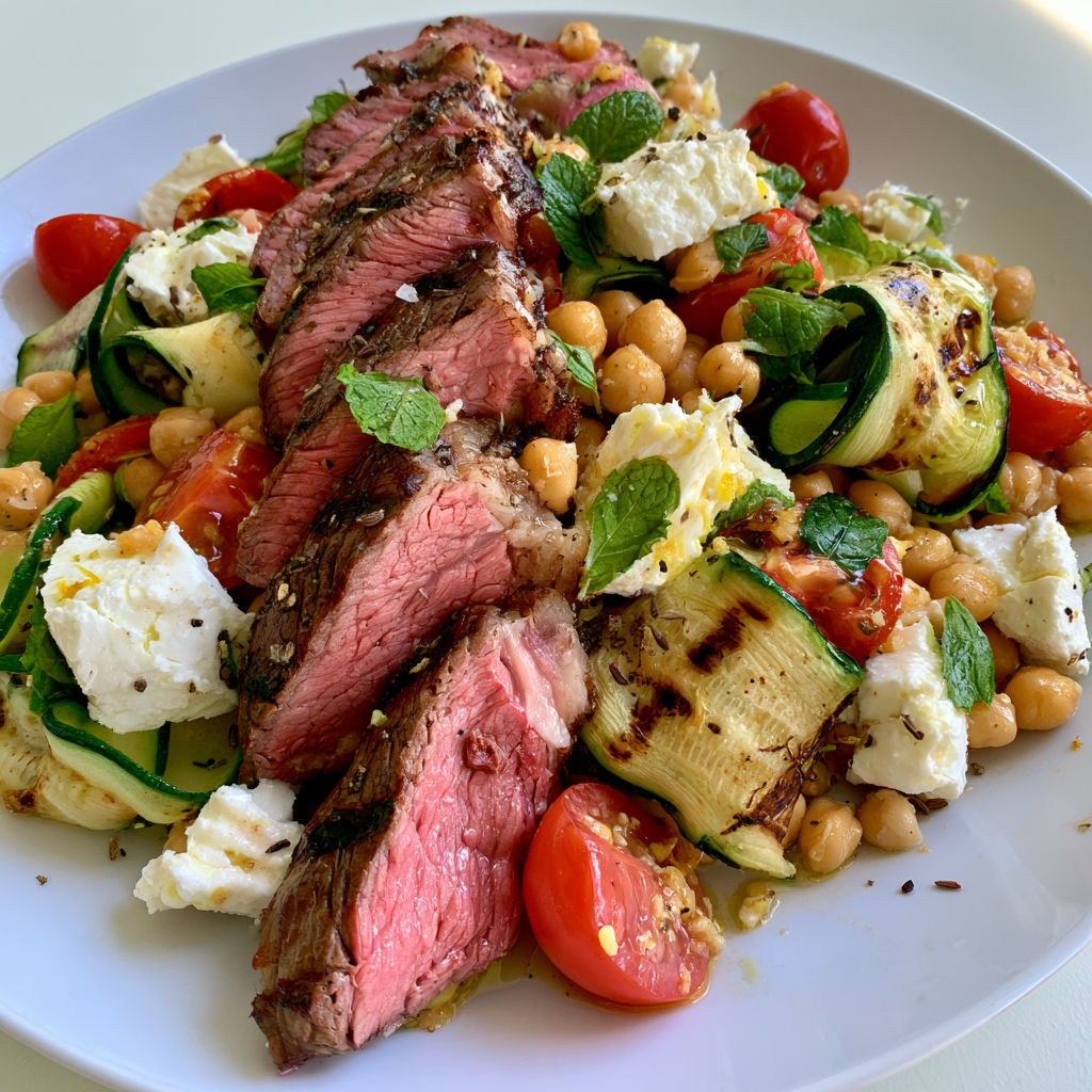 Salade de bœuf grillé, feta et courgettes, fraîche et généreuse.
