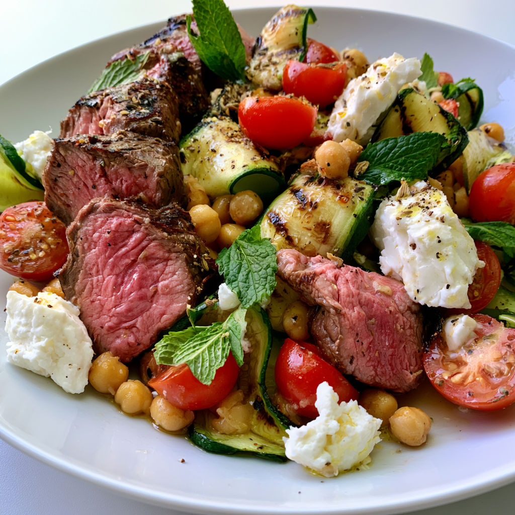 Salade de bœuf grillé, feta et courgettes, une assiette généreuse et pleine de fraîcheur.