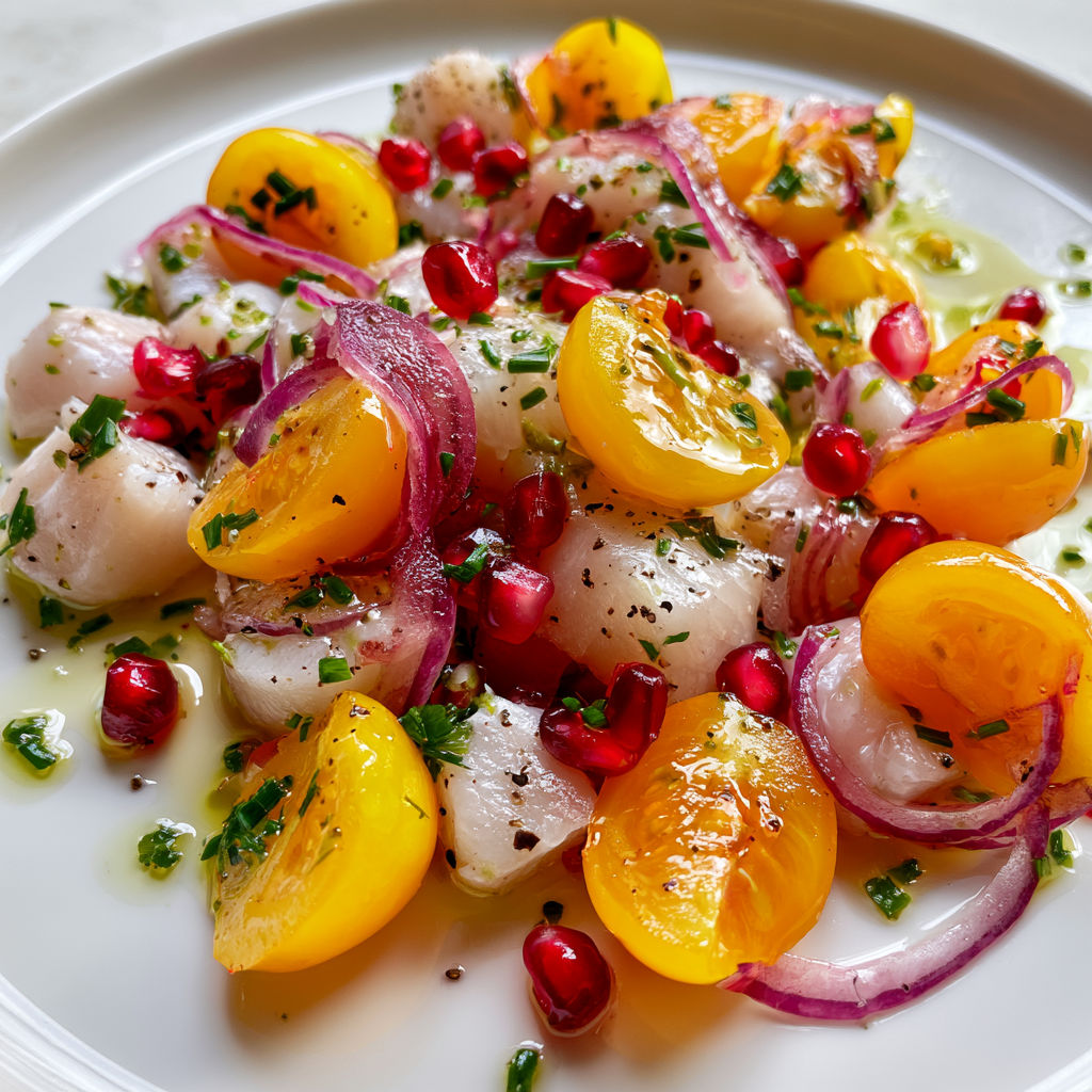 Une assiette de ceviche de dorade aux mirabelles.