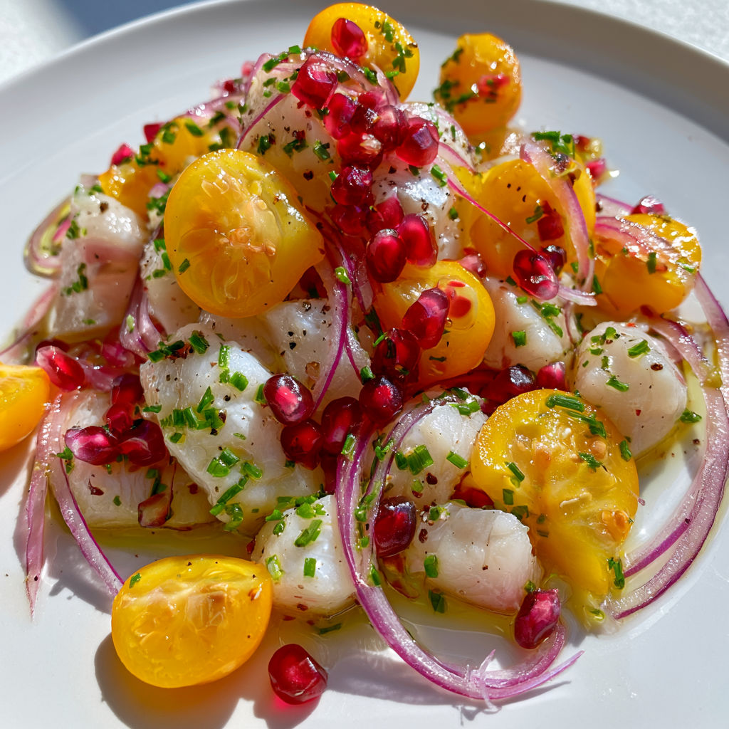 Ceviche de dorade aux mirabelles, une entrée fraîche et délicatement fruitée.